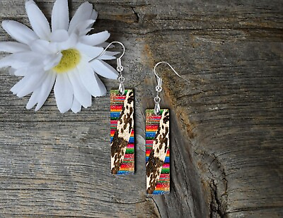 #ad Western Cowhide and Serape Dangle Wood Bar Printed Earrings Jewelry
