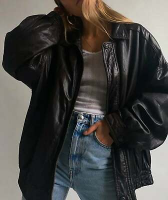 Women 90#x27;s Fashion Leather Jacket Vintage Leather Oversized Bomber Jacket Outfit