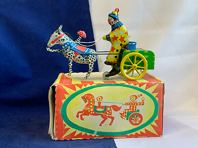#ad Vtg Leningrad Wind Up Tin Spotted Horse Pulling Clown on Cart Toy w Box *Works