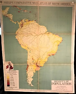 #ad Original 1921 Philips#x27; Comparative WALL Atlas SOUTH AMERICA POPULATION Map