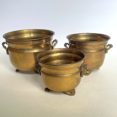 #ad Vintage Brass Bowls Footed Nesting Solid Handmade India Set 3 Incense Herbs EUC