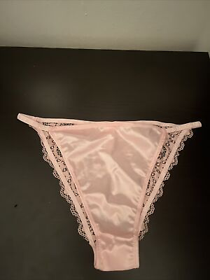 #ad Vintage Satin String Bikini Panties Panty Light Pink Lace Sz L XL