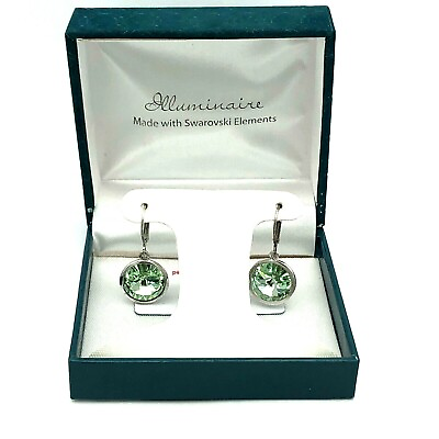 Illuminaire Crystal Earrings Green Dangle Silver Tone Leverback Box
