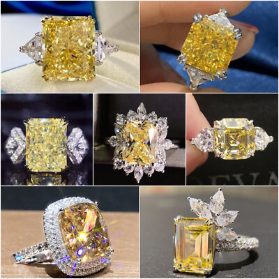 925 Silver Plated Ring Yellow Cubic Zircon Women Engagement Jewelry Sz 6 10