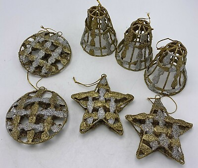 #ad Metal Christmas Ornaments Gold and Silver Tone with Glitter Lot of 7