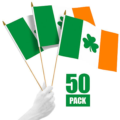 #ad G128 50 Pack Handheld Ireland Shamrock Irish Stick Flags 12x18 In Printed 150D