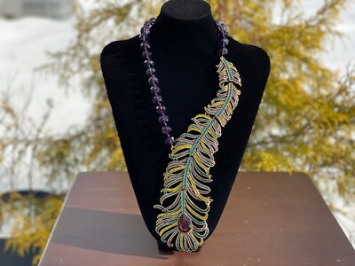 #ad HEIDI DAUS quot;Pretty as a Peacockquot; Crystal Long Feather Necklace Amethyst Elegance