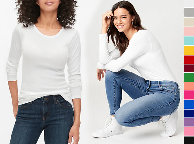 #ad Women#x27;s Premium Cotton Basic Long Sleeve T Shirt Top Soft Knit Solids Crew Neck