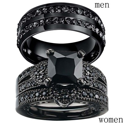 Couple Rings Titanium Black CZ Mens Ring Band Women#x27;s Wedding Ring Sets