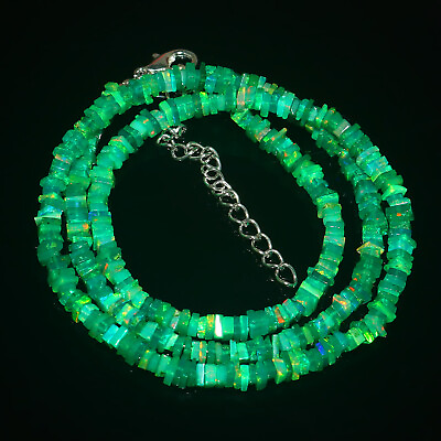 #ad 100% Natural Ethiopian Green Opal Heishi shape Gemstone Necklace 17.5 Inch #9848