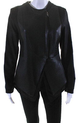 #ad Francis Leon Womens Leather Zipped Patchwork Round Neck Jacket Black Size 1