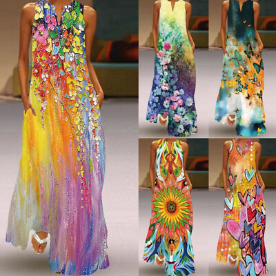 #ad Women#x27;s Boho Floral Maxi Dress Cocktail Party Evening Summer Beach Sundress
