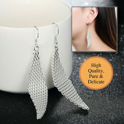 #ad Delicate Braided Geometric Rhombus Carved Mesh 925 Sterling Silver Drop Earrings