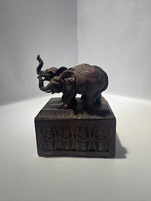 #ad Elephant Brass Ceramic Jewelry Box Trinket Box Home Decor Vtg