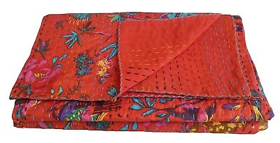 #ad King Size Kantha Beige Bird Printed Quilt Indian Cotton Bedspread Throw Blanket