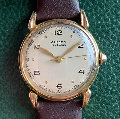 Vintage 40#x27;s Ginsbo Swiss Rolled Gold Plate Fancy Lugs Manual Wind Wristwatch