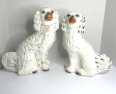 #ad Pair Lot Antique English Staffordshire Spaniel Russet Dogs White 12#x27; Figurines