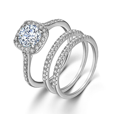 #ad 925 Silver Filled Cubic Zircon Ring Women Elegant Jewelry Zirconia Ring Set of 3
