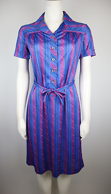 #ad #ad VINTAGE 70s WOMEN#x27;S PURPLE PINK STRIPED SHORT SLEEVE BELTED SHIRT DRESS MARTI 8P