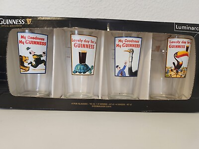 Guiness Beer Zookeeper Pub Glasses New In Box. Luminarc. Set of 4 16 oz each