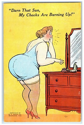 #ad c1930#x27;s Fat Woman Big Butt Mirror My Cheeks Are Burning Up Vintage Postcard