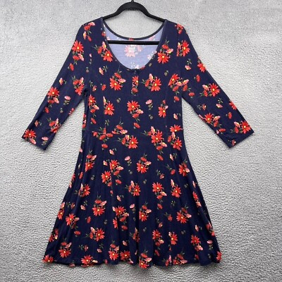#ad So Womens Skater Dress Blue Floral Long Sleeve Scoop Neck Button Size XL