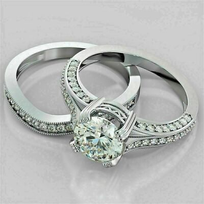 #ad 935 Argentium Silver White Round Cut Women Engagement Fine Band Ring Bridal Set