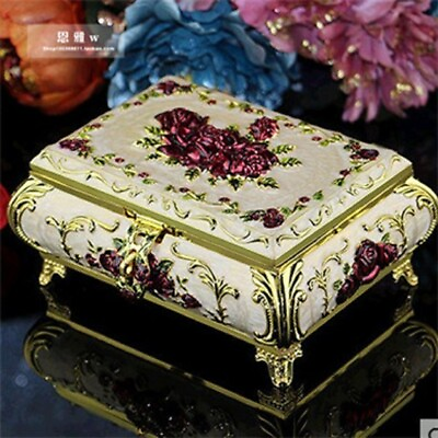 #ad WHITE TIN ALLOY RECTANGLE IN PURPLE ROSES MUSIC BOX : EDELWEISS