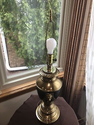 UNIQUE MID CENTURY BRASS CERAMIC URN LAMP WITH LION HEADS FRANCE STYLE 28”