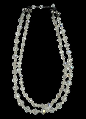 #ad Aurora Borealis Double Strand Glass Necklace Vintage 7” Long