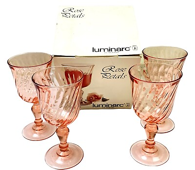 Vtg Luminarc Set of 4 Pink Swirl 3x6quot; 8.5oz Rose Wine Glasses Goblets France Box