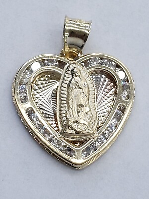 #ad 14k yellow real gold Holy Virgin Mary heat pendant charm 1 inch long guadalupe