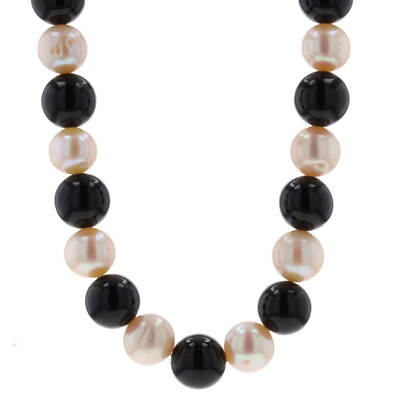 #ad Yellow Gold Onyx amp; Cultured Pearl Beaded Strand Necklace 18quot; 14k