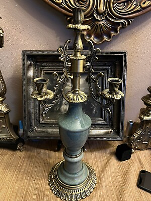 Vintage Brass amp; Ceramic Urn Candelabra 3 Light Blue Crackle Glaze