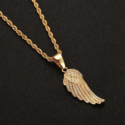 #ad Mens Unisex Gold CZ Angel Wing Pendant Necklace Punk Hip Hop Jewelry Chain 24quot;