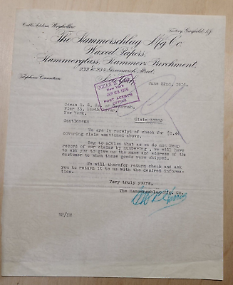 #ad 1916 Antique Document Hammerschlag Co. to Ocean S.S. of Savannah Co. Signed *6