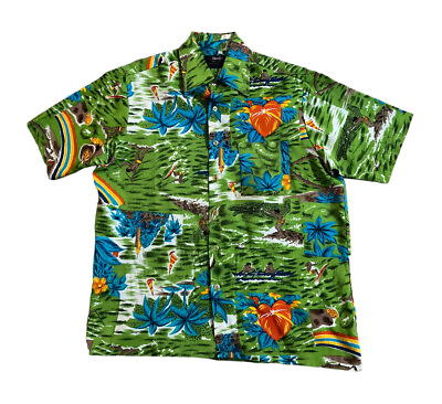 #ad Vintage 70s Hawaiian Shirt Mens M L Van Cort Polyester Floral Hippie Disco EUC