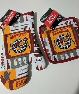 #ad 3 piece set 1 Oven mitt 2 potholders Home Collection Barbeque design NEW