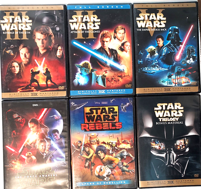 #ad 6 Star Wars DVD Movie Lot Star Wars II III V Force Awakens Star Rebels Bonus