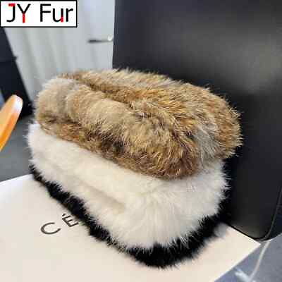 #ad #ad Women#x27;s Knitted Real Rabbit Fur Headband Scarf Warm Empty Top Plush FLUFFY Hat