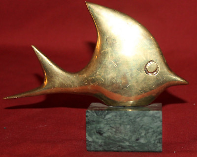 #ad Hand made brass art work fish statuette with marble base