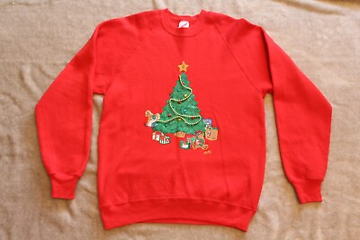 #ad Vintage 1991 Jerzees Ugly Christmas Sweater Sweatshirt Tree Red Large Beads