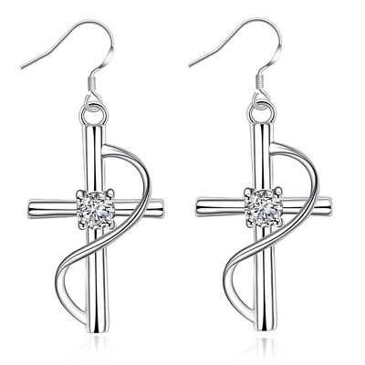 #ad New 925 Silver Popular Exquisite Zircon Cross Earrings For Women Jewelry Gifts