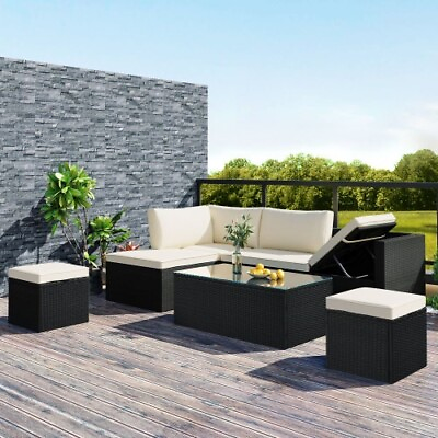 #ad 5PCS Outdoor Wicker Sofa Set Sectional Lounger Sofa for Backyard Porch Pool