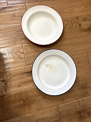 #ad Vintage Enamelware Plates Shallow Bowls Set 2 Red Blue White 9” 9.5” Camping