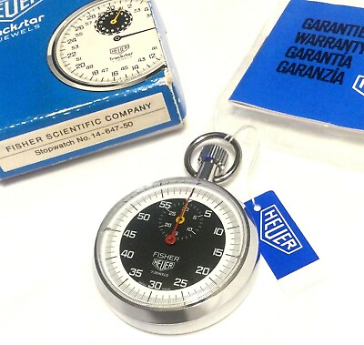 RARE NEW VINTAGE FISHER HEUER STOPWATCH 1970#x27;s 7 Jewels Swiss Box Manual amp; Tags