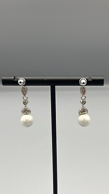 #ad Diamond pearl sterling silver dangle earrings