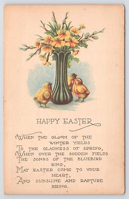 #ad PM 1928 Happy Easter Poem Chicks Admire Tall Green Vase Yellow Flowers Postcard