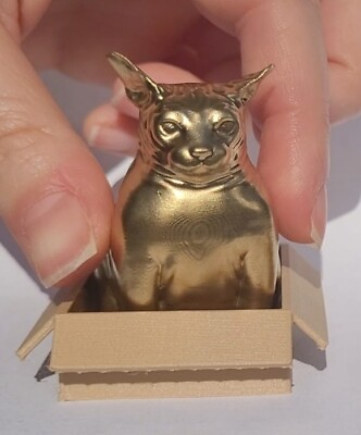 Gold Fat Sphynx Cat Kitty Sitting in a Box Miniature Figurine Chonk Cute mini