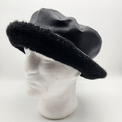 Vintage Hat Black Faux Fur amp; Leather Vinyl Fold Turn up Brim One Size